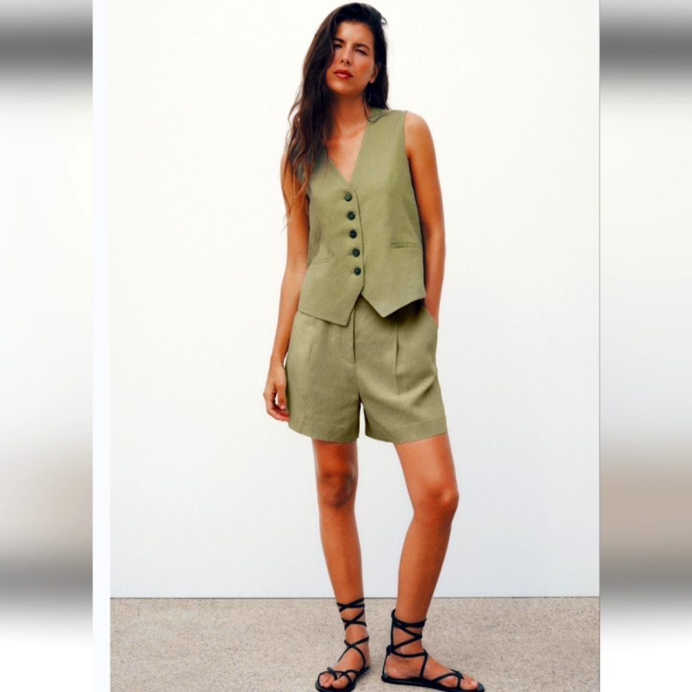 ZARA Linen Blend Vest Green